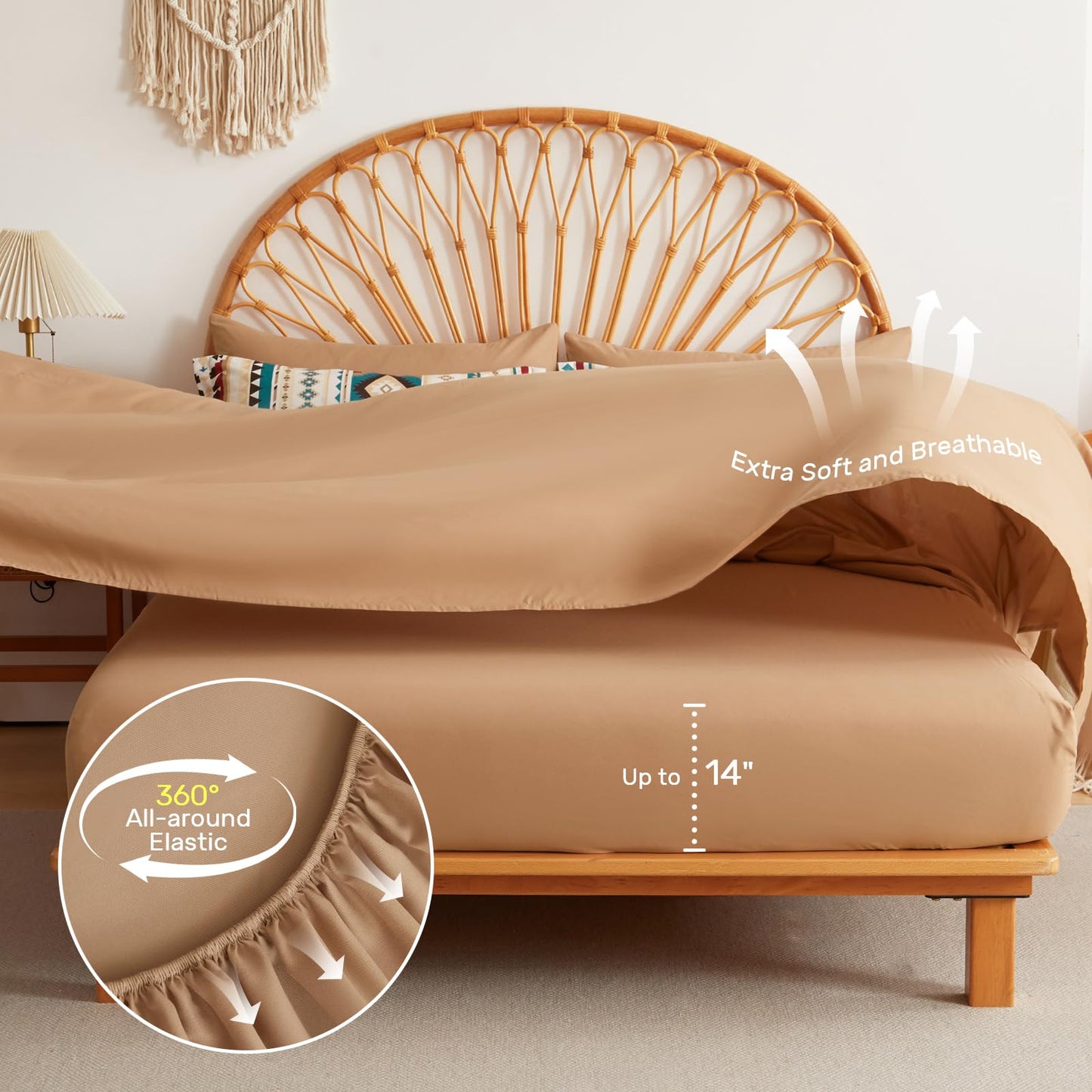 Dinjoy Queen Size Comforter Set Beige, 7 Pieces Boho Aztec Bed in a Bag Lightght Comforters Bedding Set with Sheets & Pillow Shams, Bohemian Geometric Striped Pattern All-Season