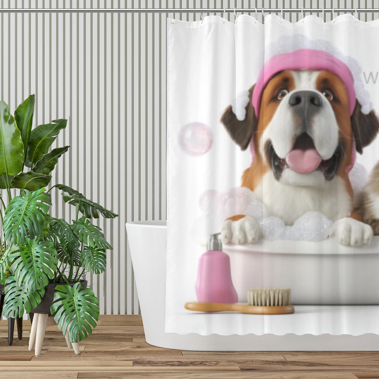 Wordatu Funny Saint-Bernard Shower Curtain Decor Fabric Bathroom Curtains, Kids Children Cartoon Waterproof 72x72 inch with 12 Hooks