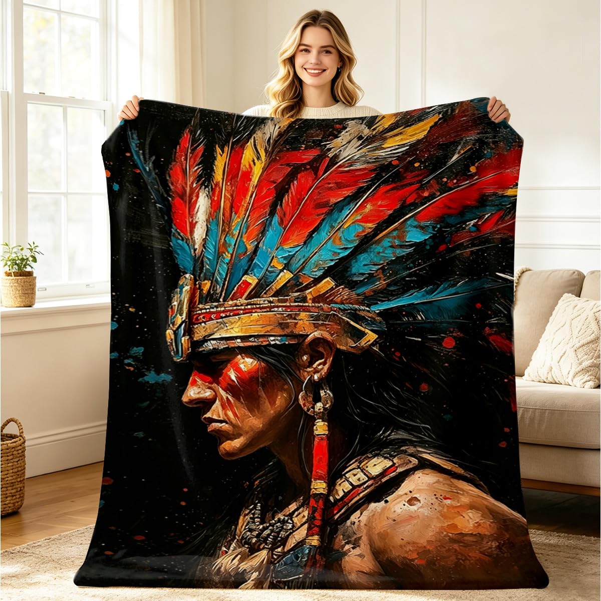 HUNXIAOJ Native American Throw Blanket for Couch Bed Indian Man Decor Throw Tribal Headdress Blanket Native American Gifts for Men Boy Soft Western Tribal Home Decor 49"x59"