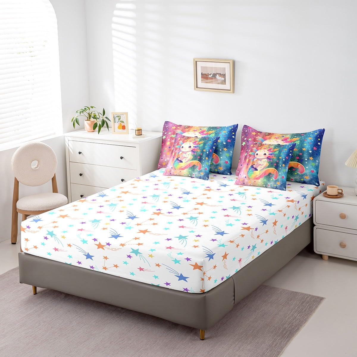 Feelyou Kids Cute Axolotl 7 Pieces Bedding Set Twin Size, Cartoon Animal Bed in A Bag Boys Girls Kawaii Ocean Sealife Comforter Set with Sheets Rainbow Teens Bed Set Bedroom Decor 7Pcs
