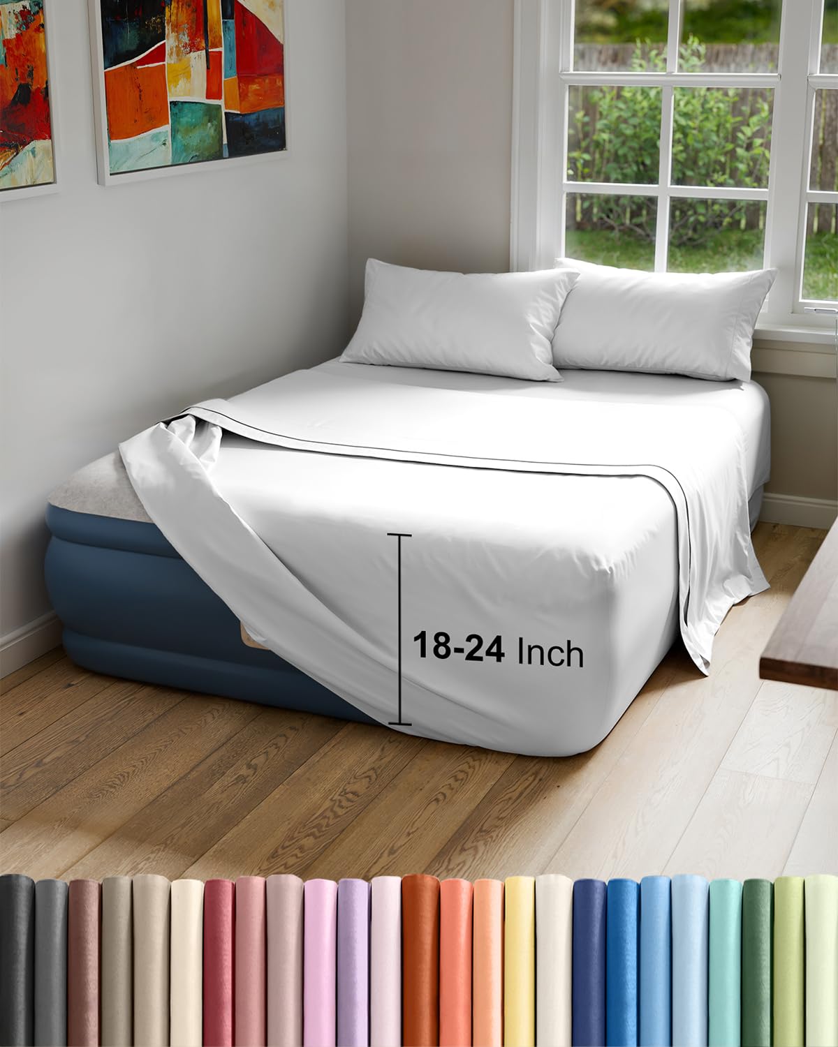 Air Mattress Sheet Set for Queen Size - 4 Piece Breathable & Cooling Sheets w/ Extra Deep Pockets - Fits Inflatable & Blow Up Air Mattresses Up to 24 Inches Thick - Ultra Soft & Wrinkle Free - White
