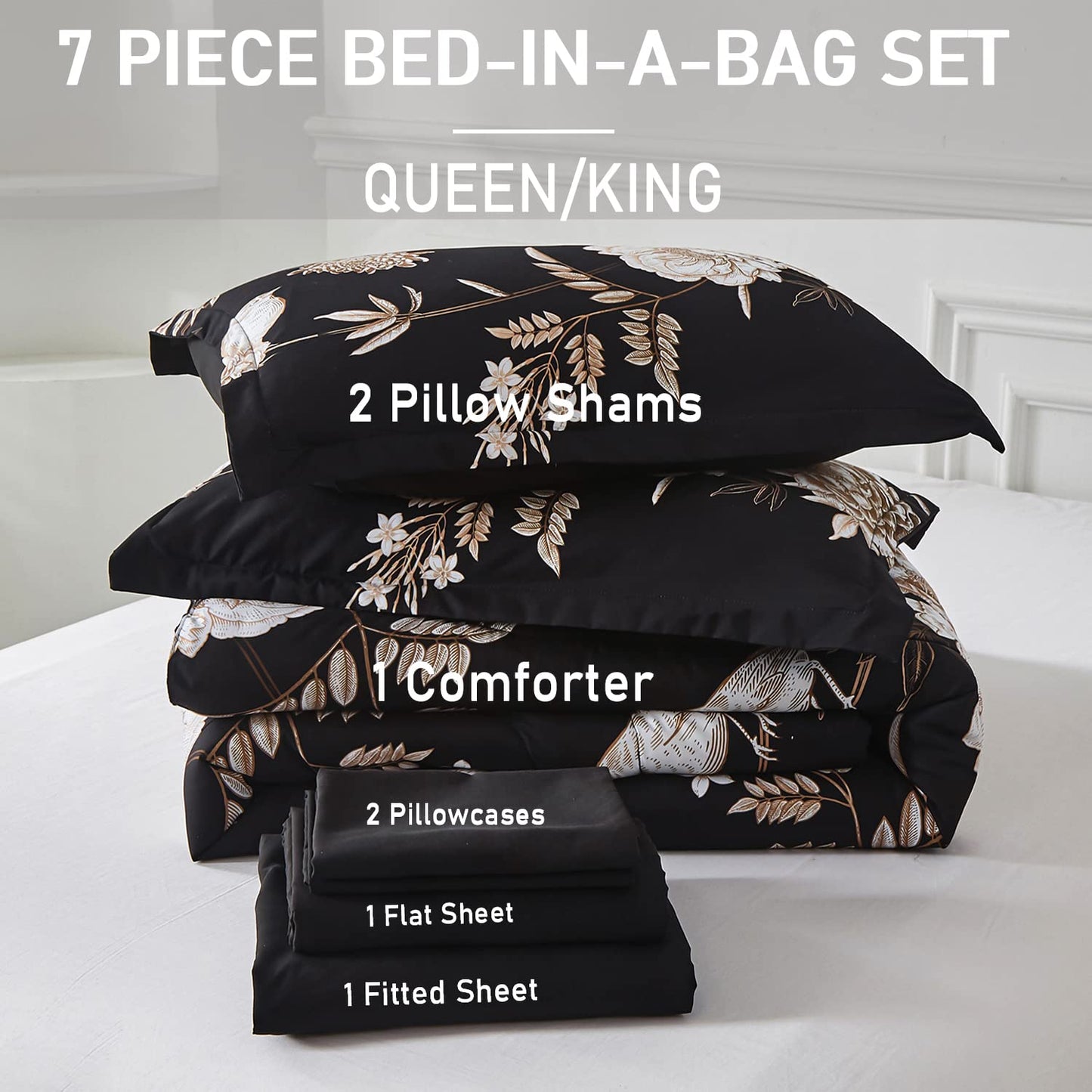 Yogeneg 7 Piece Bed in a Bag Kingsize Comforter Set Botanical Floral Bedding Set,Flower Leaf Brid Printed on Black Reversible Design,Soft Microfiber Comforter with Sheet Set,All Season(Black B,King)