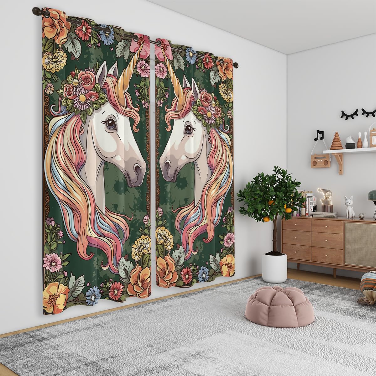 Unicorn Princess Blackout Curtains for Girls Boys Kids Teens Home Decor, Flowers Fantasy Art Unicorn Grommet Thermal Insulated Drapes Darkening Window Curtain for Bedroom Living Room, 42 x 45 Inch