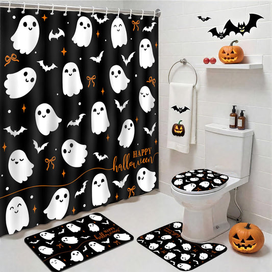 Mocsicka 4Pcs Halloween Shower Curtain Set Black Spooky Bow Ghost Shower Curtain Set for Halloween Bathroom Decor with Anti-Slip Waterproof Bathtub Bathroom Rugs Toilet Lid Cover