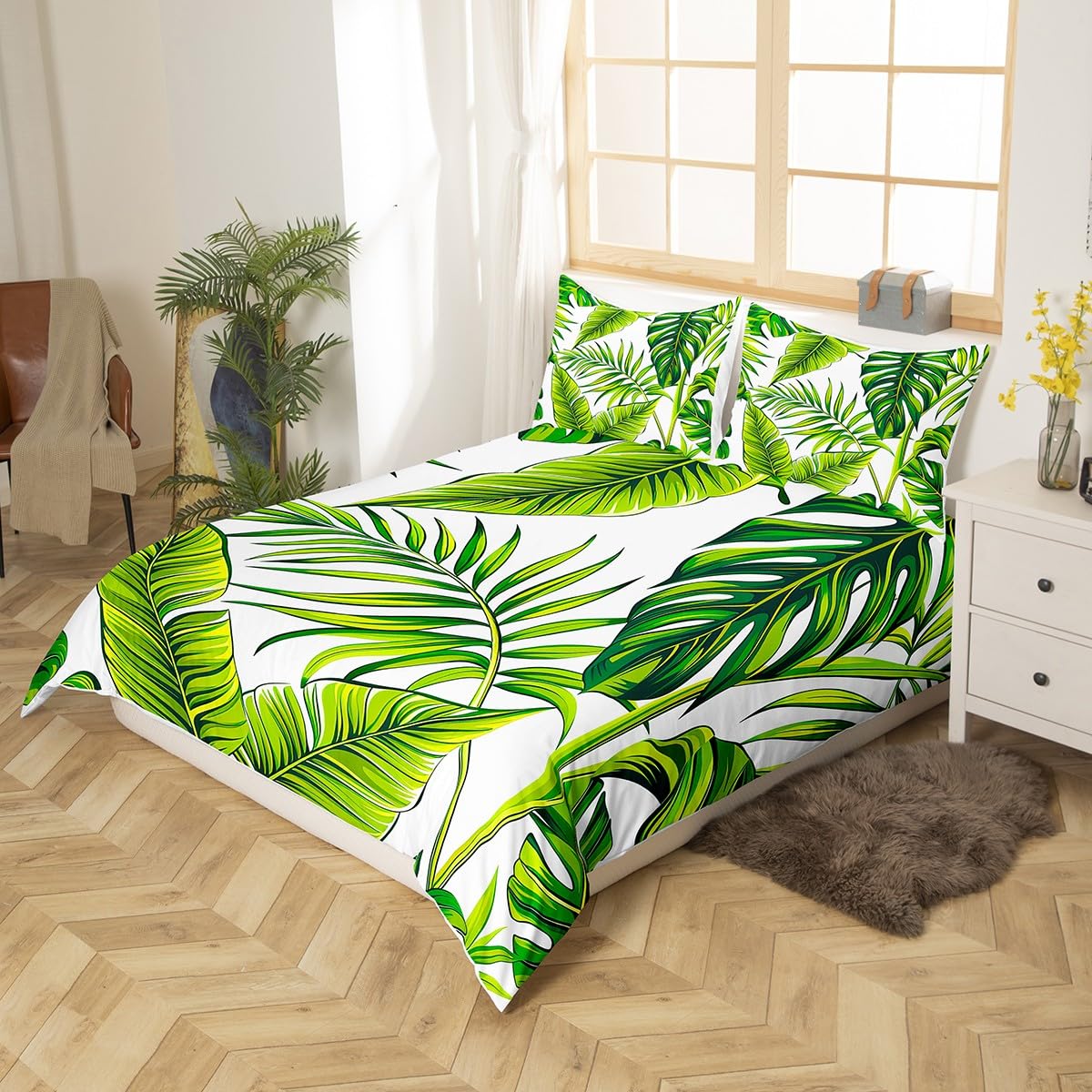 Fresh Leaves Tropical Duvet Cover Set Queen,Green Plant Bed Cover,Botanical Banana Tree and Palm Tree Leaf Pattern Printed in White Comforter Cover, Beach Hawaiian Bedding Collection with Zipper