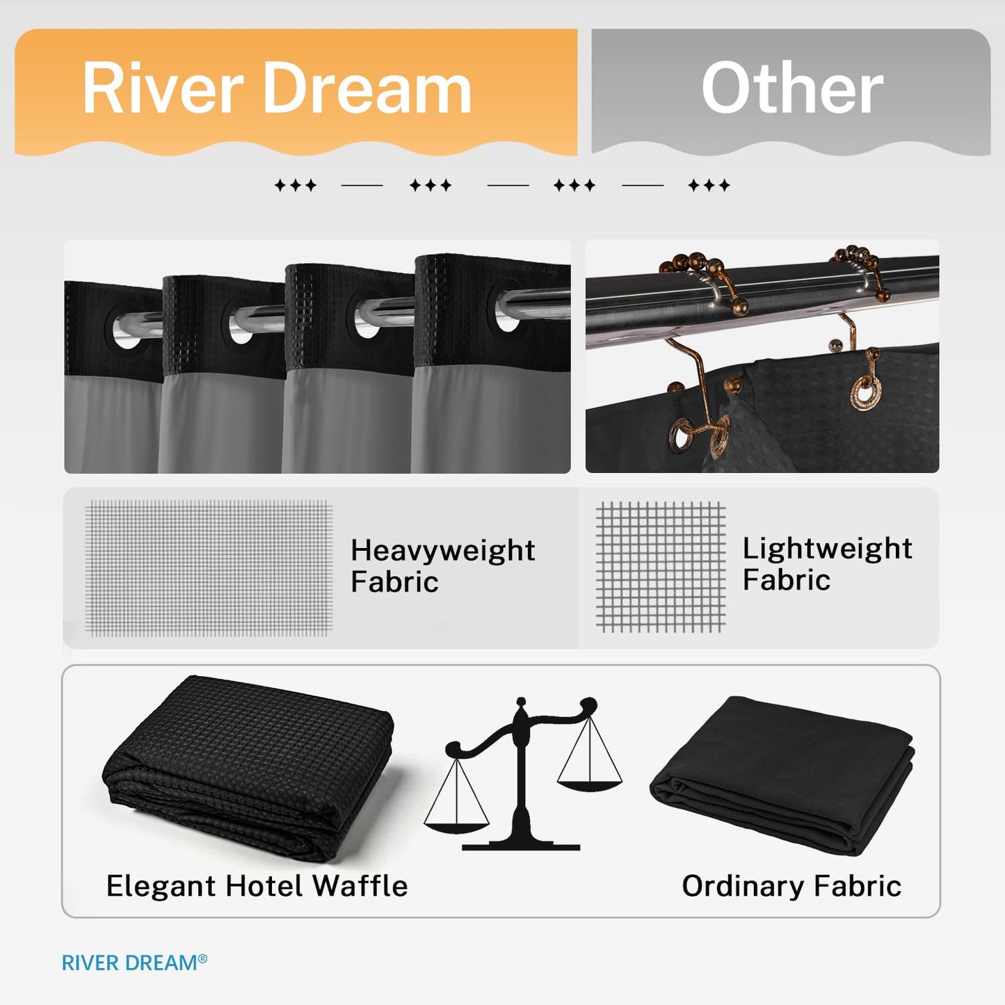 River Dream Black Shower Curain No Hooks Dotted Waffle Weave Shower Curtain with Snap in Liner - 71W x 74H,Hotel Grade,Spa Like Bath Curtain Set