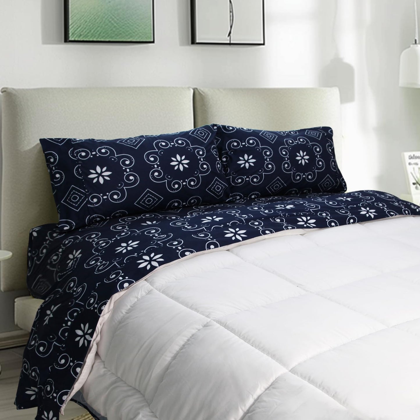 Marquess Microfiber Flannel Sheet Set - Ultra Soft Printed Bedding Collection, 16 Inches Deep Pocket, Flannel Bed Set Includes 1 Flat Sheet, 1 Fitted Sheet & 2 Pillowcases (Queen, Navy)