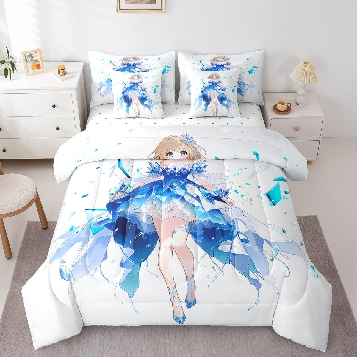 Erosebridal Anime Girl Twin Comforter Set 7 Piece Japanese Girl Bedding Set,3D Anime Cartoon Bed in A Bag for Kids,Japanese Style Sheet Set with Comforter(Blue)