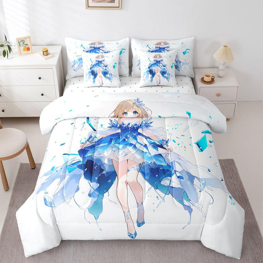 Erosebridal Anime Girl Twin Comforter Set 7 Piece Japanese Girl Bedding Set,3D Anime Cartoon Bed in A Bag for Kids,Japanese Style Sheet Set with Comforter(Blue)