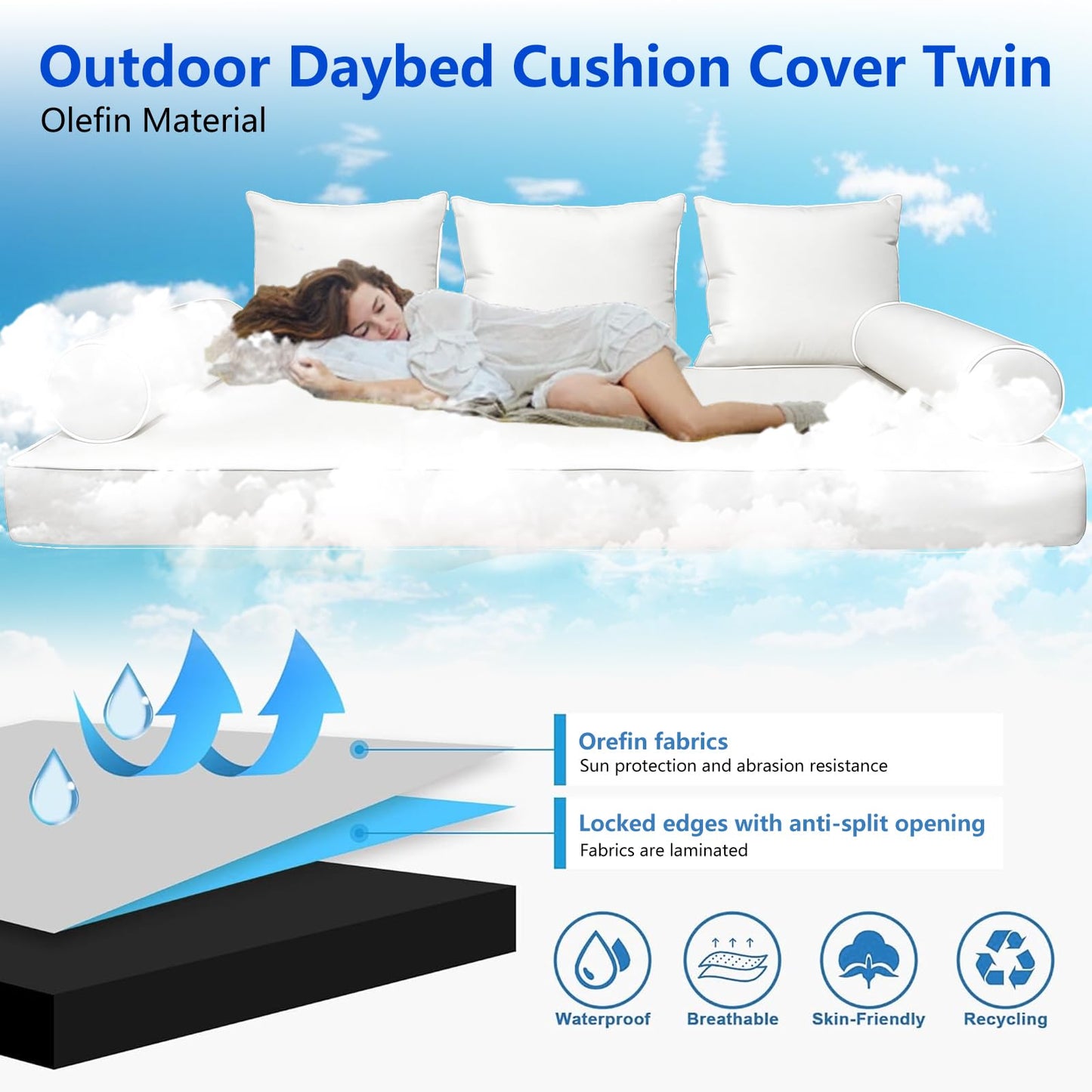 Outdoor Twin Size Daybed Mattress Cover Waterproof, Porch Swing Bed Cushion Covers with Zip,Outdoors Bedding Cushions Pillow Bolster Fitted Sheet Slipcover,ONLY COVER (White-1, 75*39*6inch)