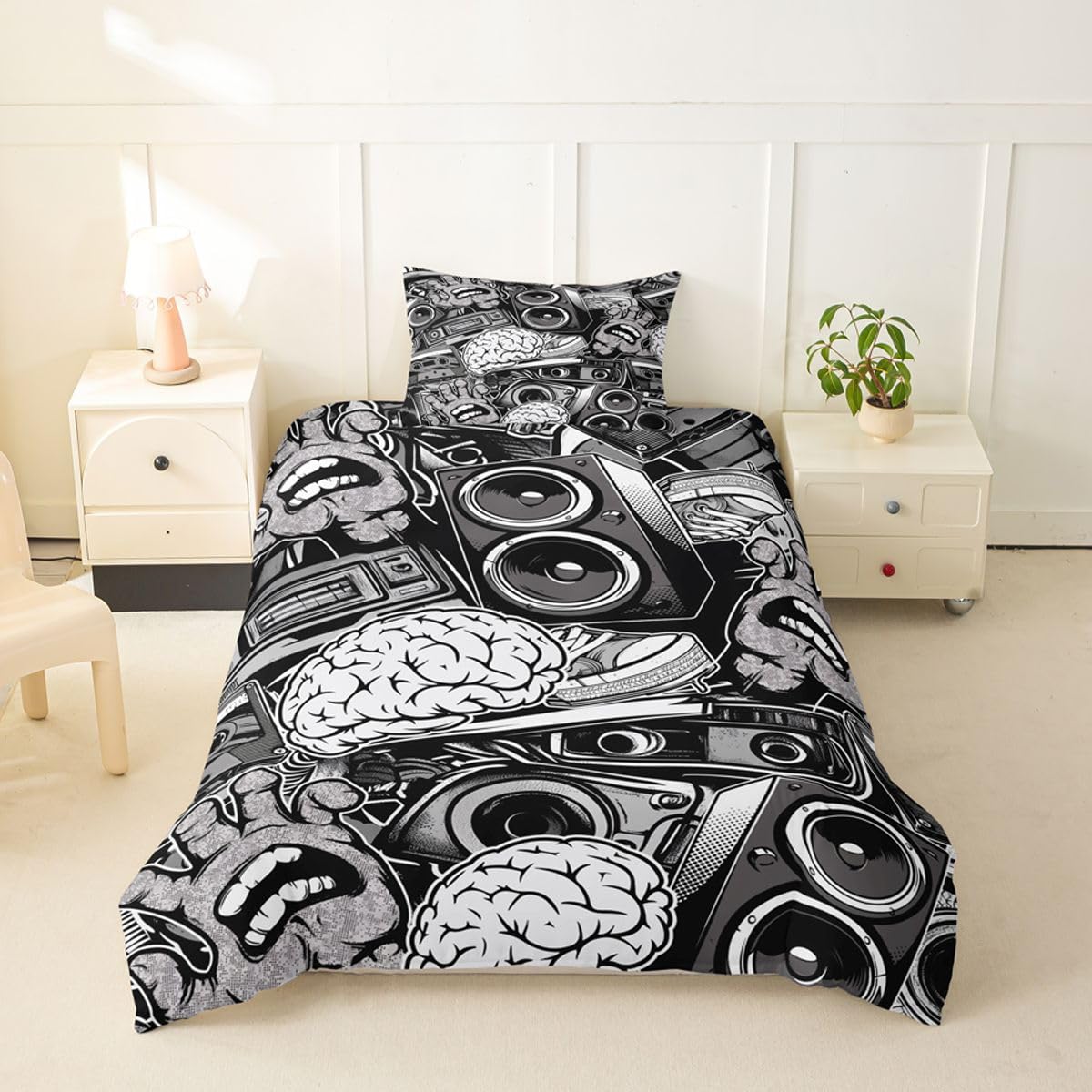 Feelyou Graffiti Bedding Set for Teens Boys Full Rock Music Theme Duvet Cover Set Hip Hop Comforter Cover Set Kids Teenage Street Art Quilt Cover Hippie Room Decor Bedding with 2 Pillow Shams (3Pcs)