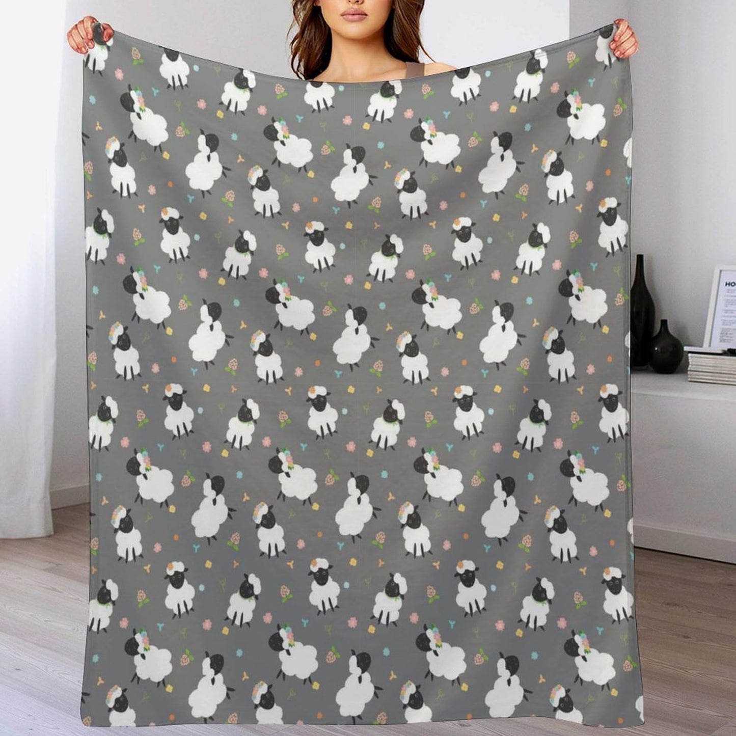 Cute Black Sheep Blanket Colorful Flower Cartoon Sheep Gray Soft Cozy Lightweight Throw Blanket for Children Girls Boys Bedroom Living Room Dorm Chair Sofa Travel 40x50in