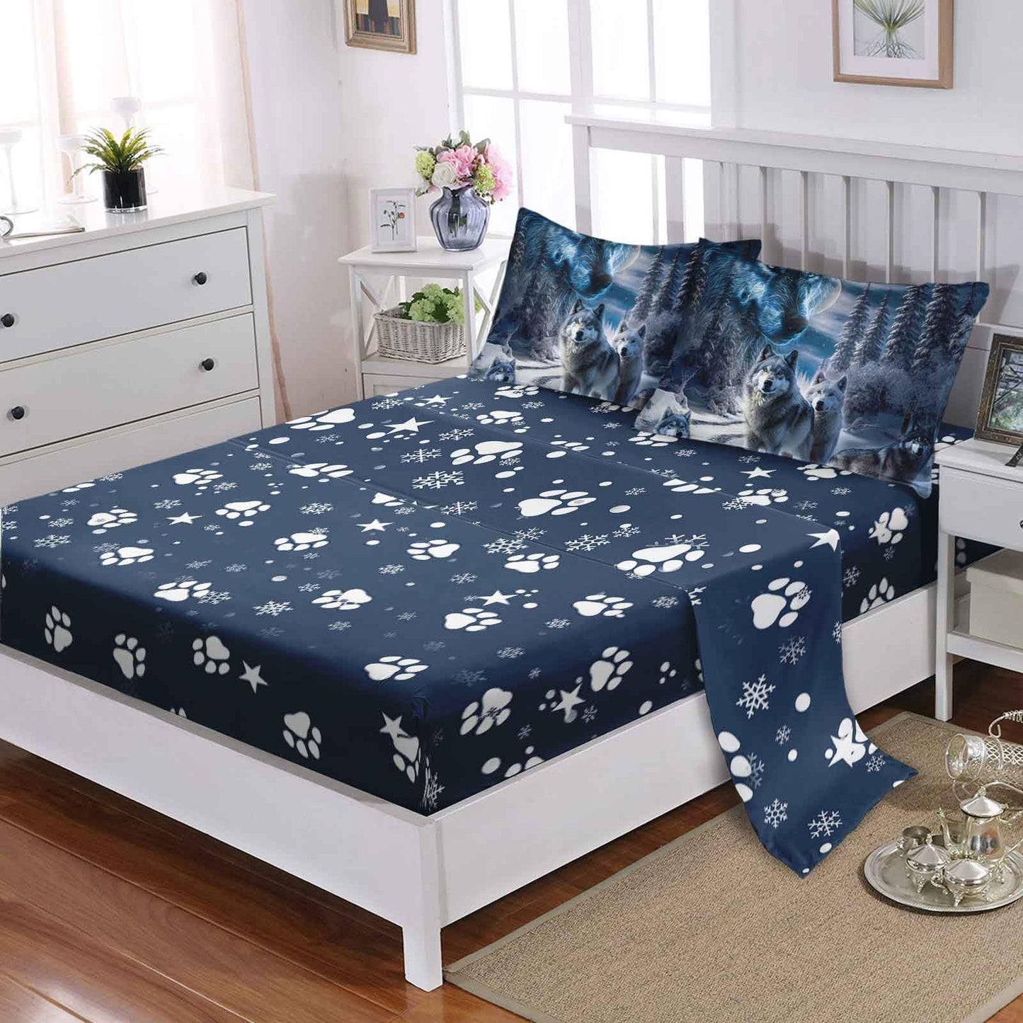AILONEN Boys Snow Wolf Comforter Set Full Size,7-Piece Bed in a Bag Soft Microfiber for Kids Adults,Safari Wolves Printed Comforter & Fitted Sheet & Flat Sheet & 2 Pillowcases,2 Pillow Shams