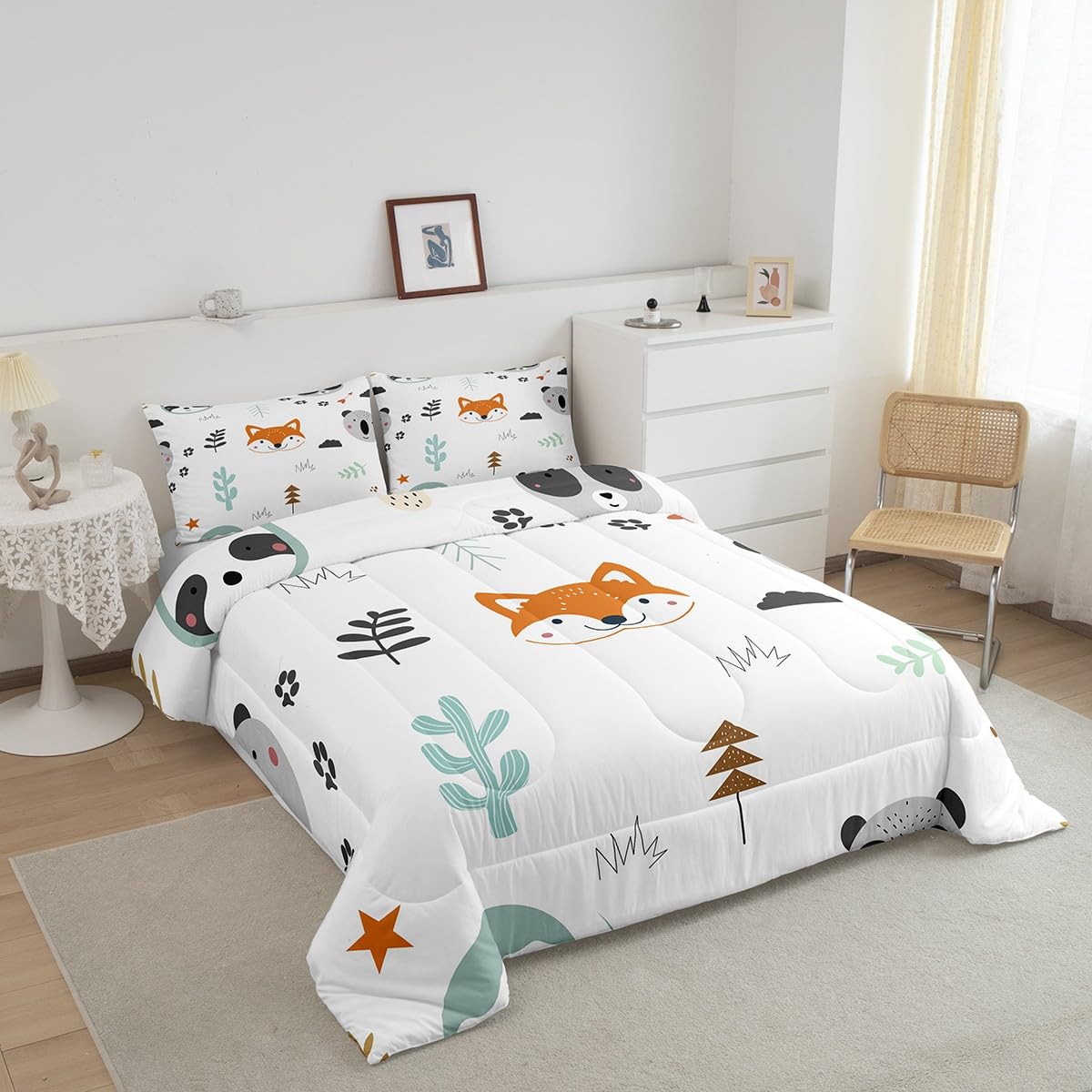 Feelyou Cute Fox Comforter Set King Size Cartoon Animal Bedding Set for Boys Girls Teens Bedroom Decor Zoo Animal Comforter Women Men Wildlife Duvet Set with 2 Pillow Case