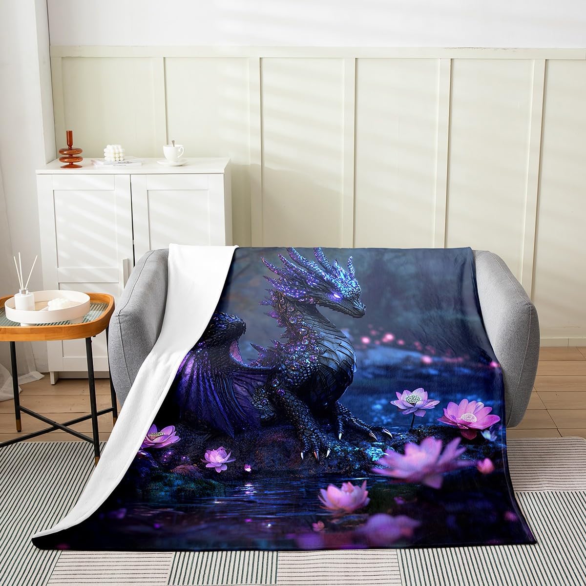 Feelyou Dragon Plush Throw Blanket Queen 90"x90" Dragon Stuff Flannel Fleece Blanket for Boys Girls Teens Wild Life All Season Bed Blanket Flower Blanket Room Decor Black Purple
