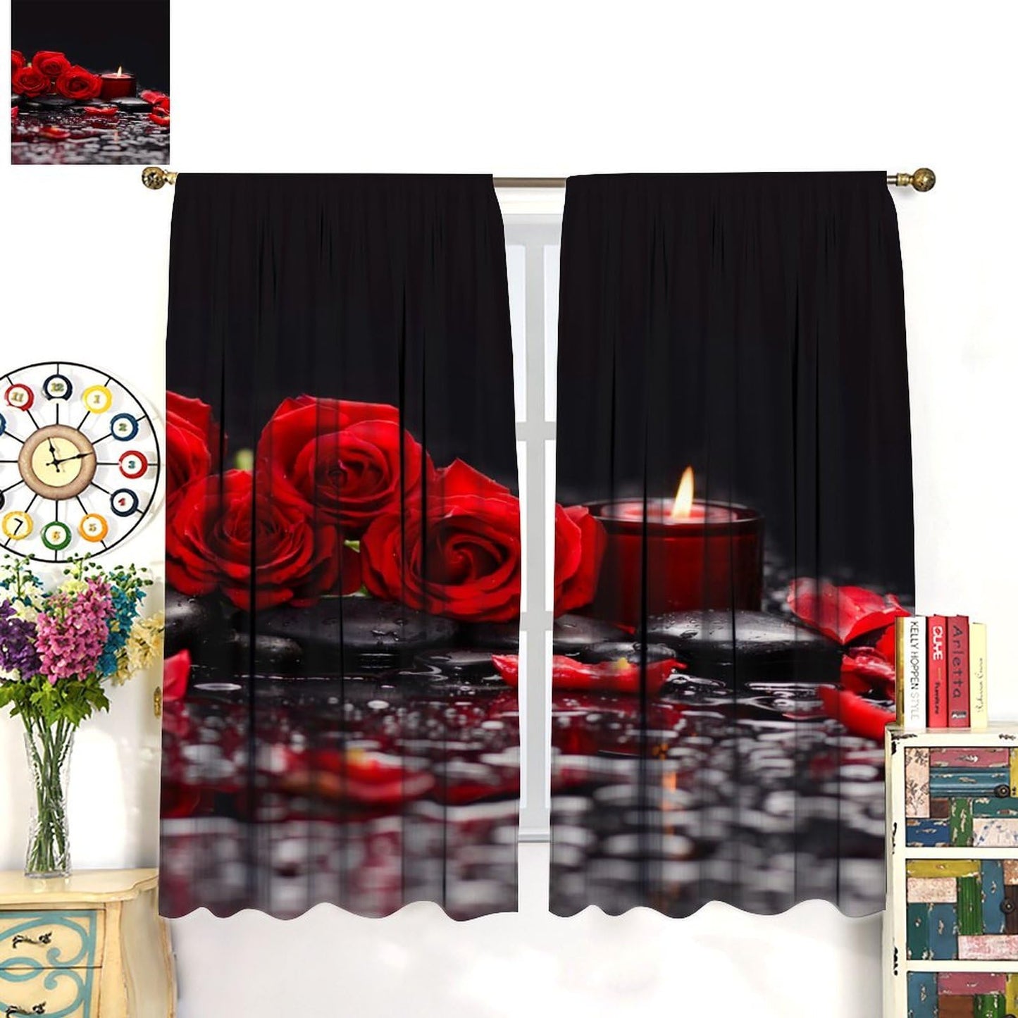 AAVEUP Red Rose Curtains for Girls,Raindrops Stone Candle Aesthetic Red Art Flower Rose Water Flower Window Drapes Print for Kids Women Bedroom Living Room Bathroom 42x45in（No Blackout）