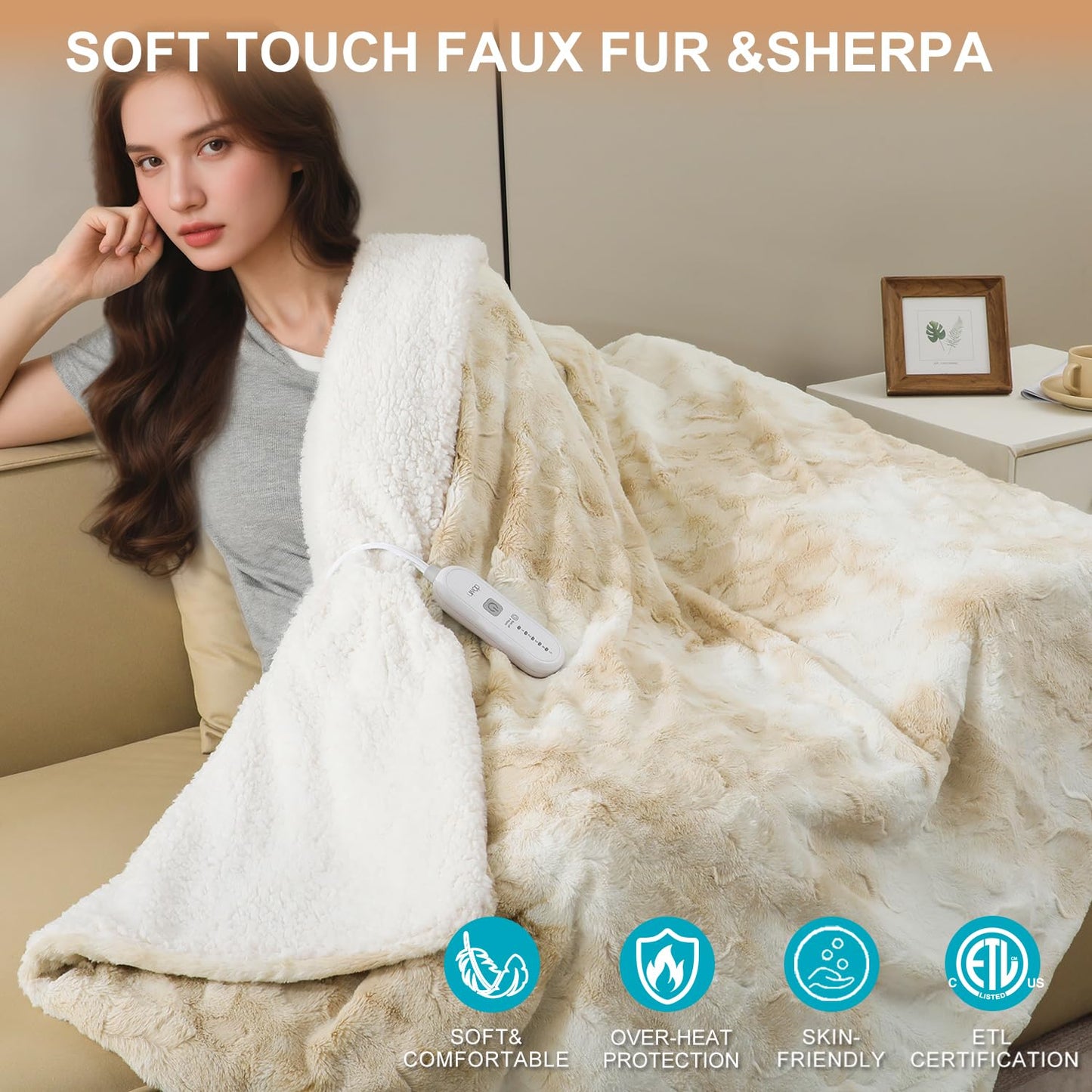 Dowin Faux Fur Heated Blanket Queen Size- Dual Control Reversible Electric Blanket 84x90 Inches, Fast Heating with 10 Hrs Auto-Off & 5 Heat Settings,Machine Washable,Beige