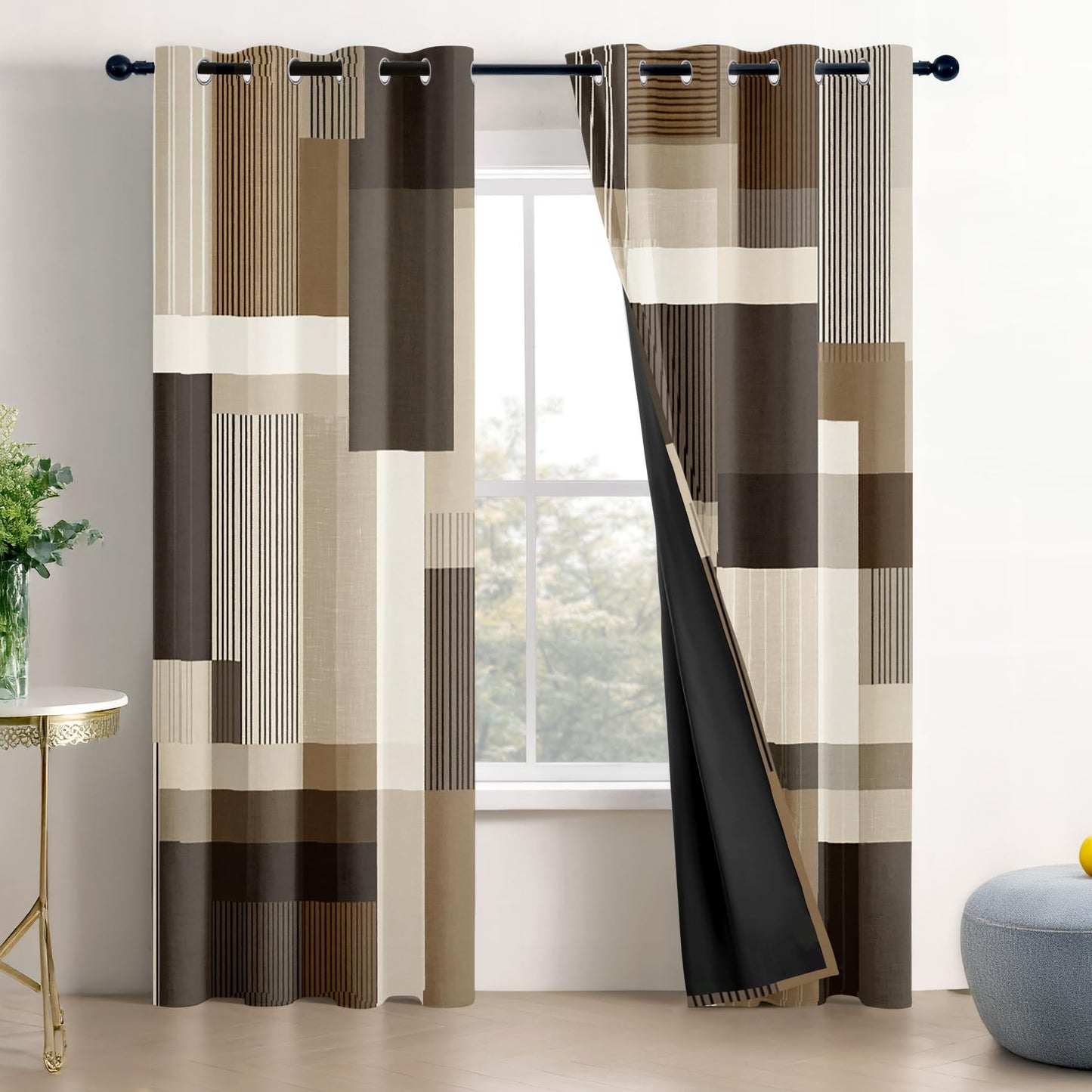 Solvivae Geometric Curtains 63 Inch Length, Modern Abstract Brown Taupe Beige Blackout Curtains for Bedroom Living Room, Room Darkening Thermal Insulated Grommet Drapes, Patterned Window Treatments