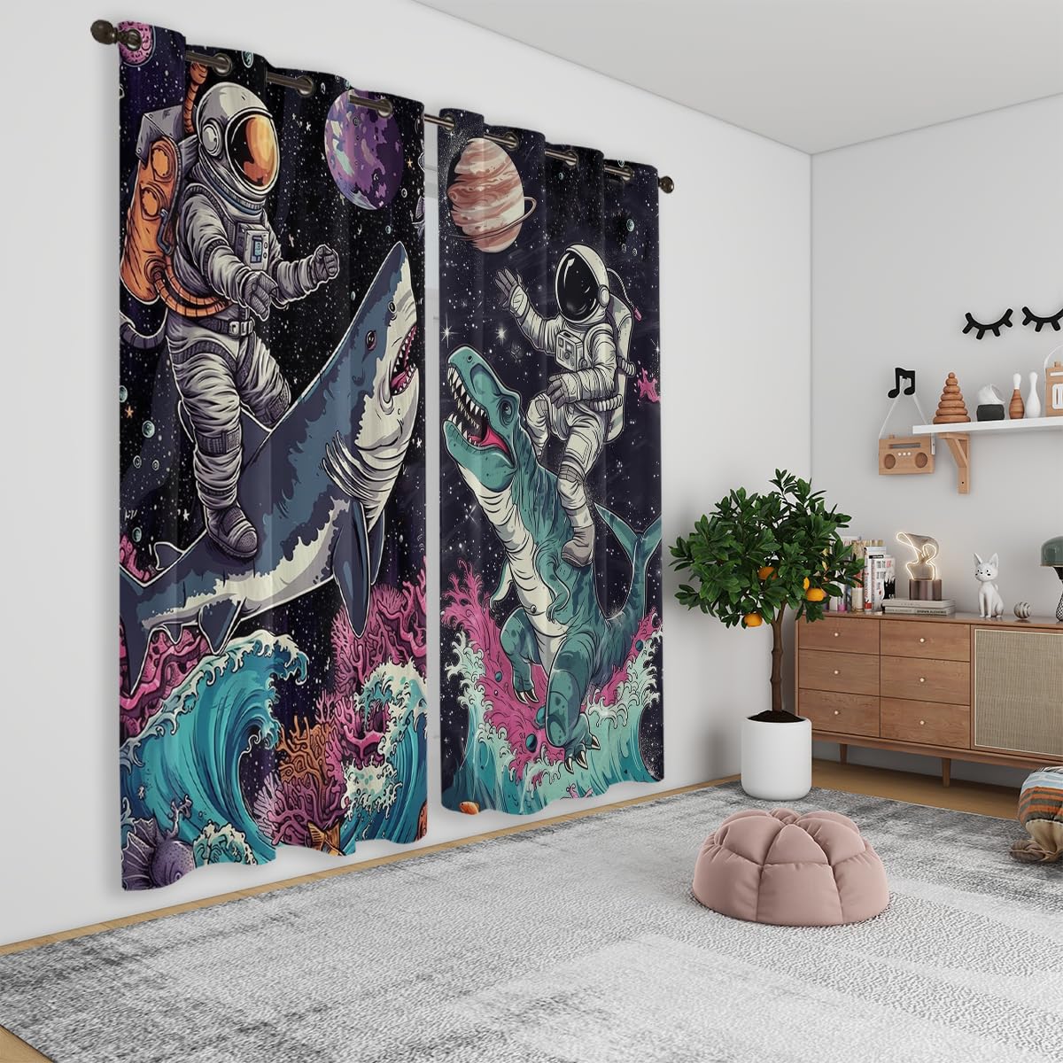 Naiice Funny Astronaut Blackout Curtains for Girls Boys Home Decor, Fantasy Dinosaur Shark Galaxy Grommet Thermal Insulated Drapes Darkening Window Curtain for Bedroom Living Room, 42 x 45 Inch