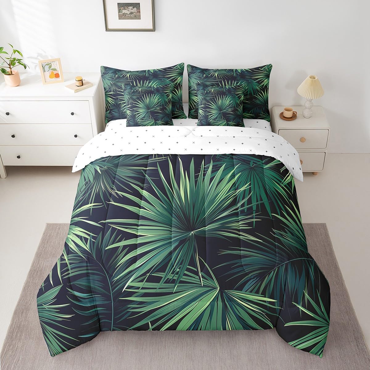 Erosebridal Tropical Green Leaves Quilt with Flat Fitted Sheet Summer Hawaiian Comforter Set 7 Piece Twin Monstera Banana Leaves Bed in A Bag for Kids Boys Girls Jungle Nature Theme Bedding Sets