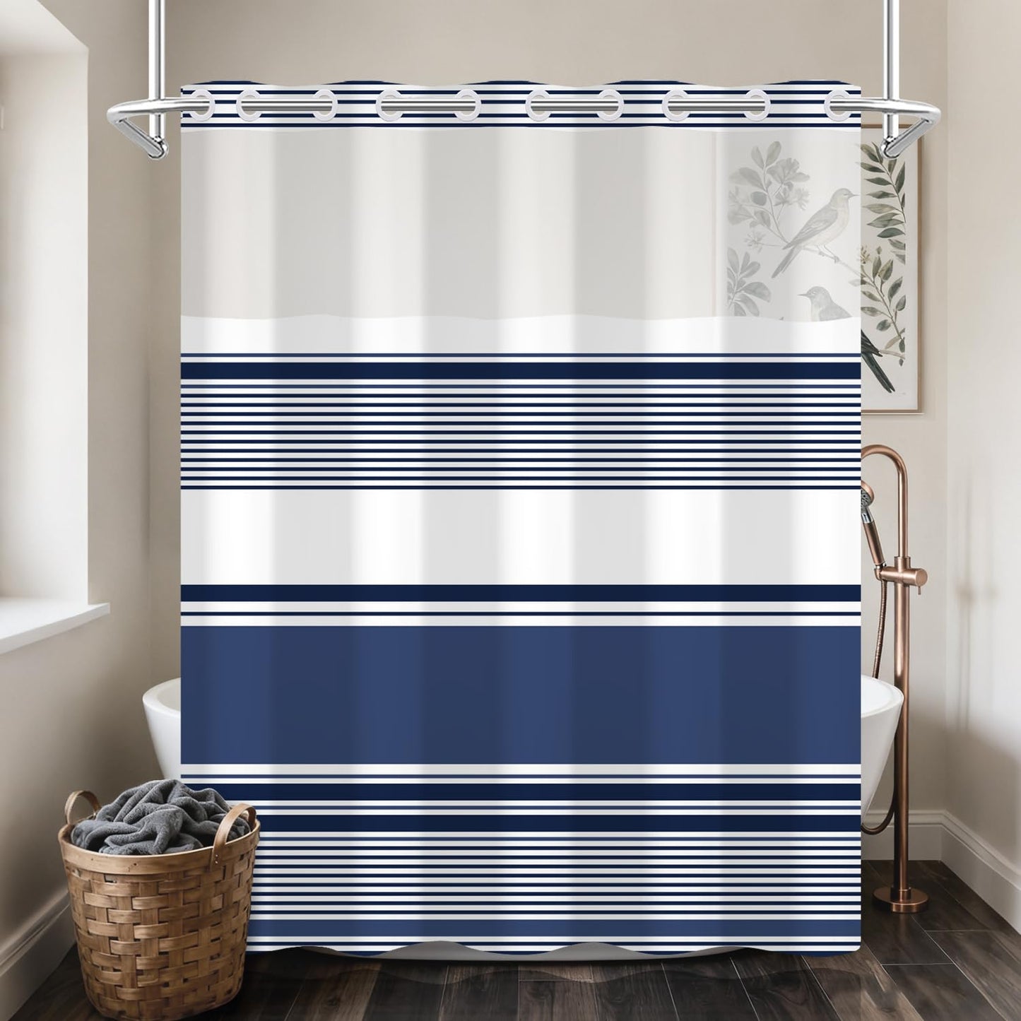 NAEMBCU No Hook Navy Blue Striped Shower Curtain with Snap in Liner Set