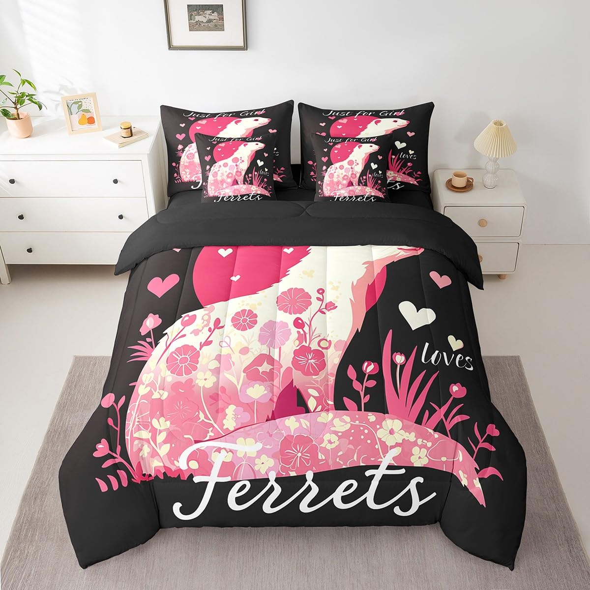 Erosebridal Ferret Comforter Set 7 Piece Bed in a Bag Twin,Abstract Flower Guinea Pig Bedding Sets Lovely Cavy Comforter and Sheet Set,Boho Floral Cute Animal Bed Set