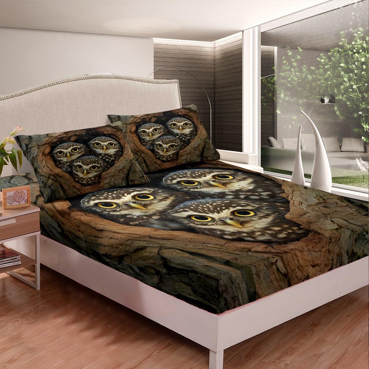 jejeloiu Owl Bed Sheets Set for Kids Boys Girls Twin Size Amazing Owl Fitted Sheet 3D Animal Printed Bedding Set Bird Decor Bed Cover Room Decor