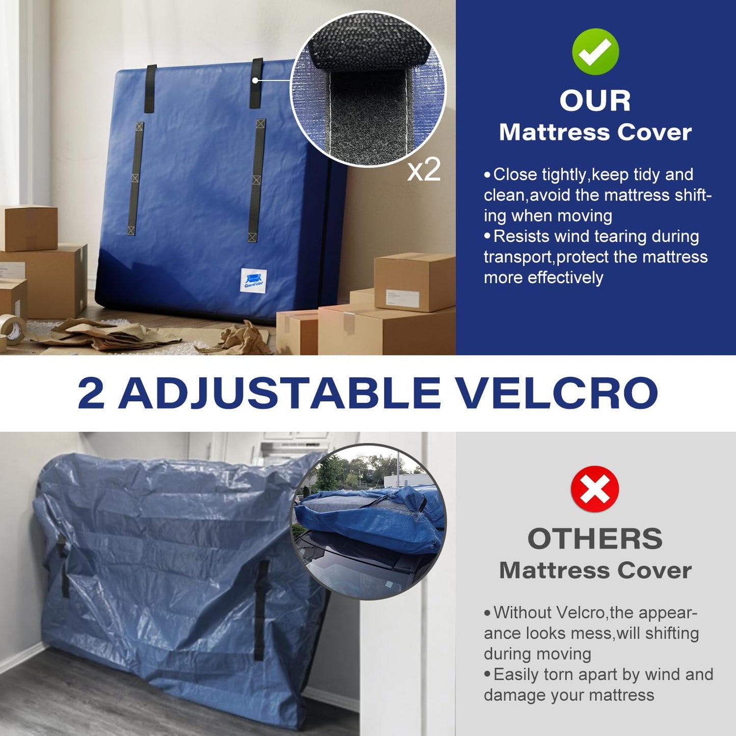 Mattress Bags for Moving and Storage,Queen Size,with Adjustable Adhesive Straps,8 Handles,Strong Zipper,Heavy Duty & Waterproof & Dust Proof,Reusable Mattress Protector Covers,Navy