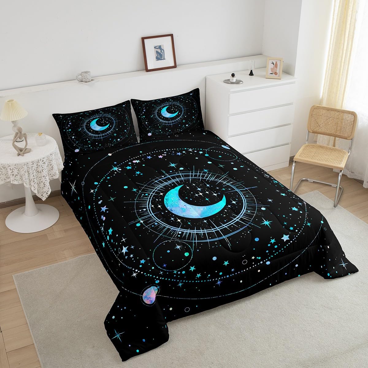 Homewish Stars and Moon Comforter Set,Blue Galaxy Bedding Set for Kids Girls Women,Adults Space Starry Sky Comforter,Constellation Quilted Duvet Set Bedroom Collection Twin Size 2Pcs