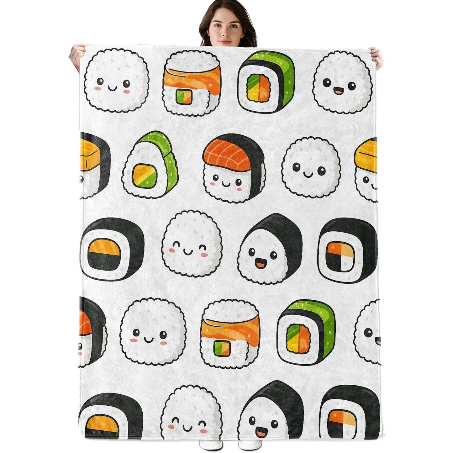 Cute Smiling Sushi Rolls and Nigiri Blanket, 60"x50" Flannel Cozy Lightweight Throw Blankets Gifts for Couch Bed Living Room Decor, Soft Blanket for Women Adults