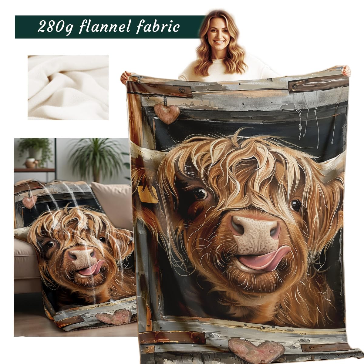 HUNXIAOJ Printed Bed Blanket Highland Cow Blanket Queen Size Flannel Blanket Cattle Farm Animal Throw Blanket for Couch Sofa Living Room Travel Decor (49"x59")