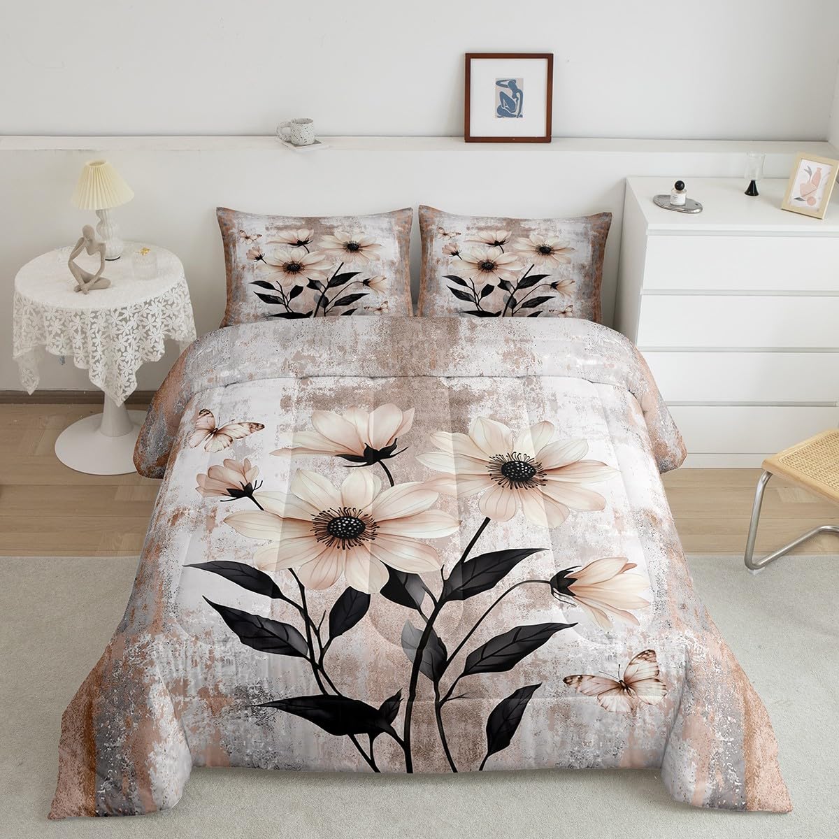 Erosebridal Watercolor Daisy Flowers Queen Comforter Set Abstract Oil Painting Bedding Set Rustic Farmhouse Bed Set Ombre Beige Brown Grey White Quilt Set