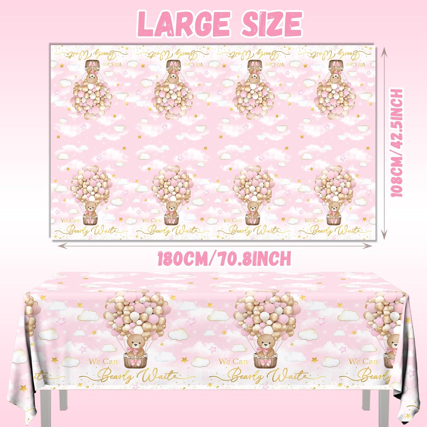 CMUSKO 3Pcs Pink Bear Baby Shower Tablecloth, We Can Barely Wait Baby Shower Decorations Teddy Bear Table Cover for Girls Bear Beraly Wait Party Supplies, 108x180cm