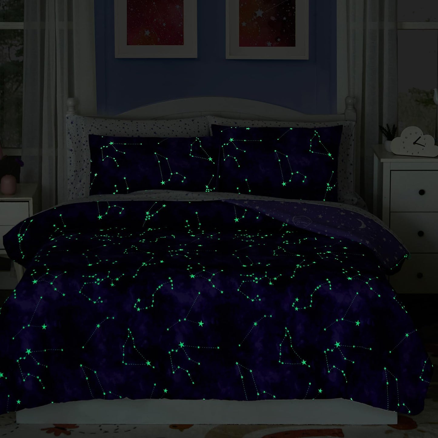 Wink Deer Full Size Comforter Set -7 Pieces Girls Boys Galaxy Glow in the Dark Full Bedding Sets for Kids, Ultra Soft Bed in A Bag with Sheets