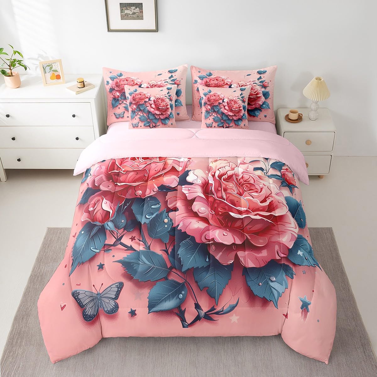Feelyou Kids Rose Bed in A Bag Queen Size, Valentine's Day 7 Pieces Bedding Set Boys Girls Rose Floral Flower Comforter Set with Sheets Romantic Teens Bed Set Bedroom Decor 7Pcs