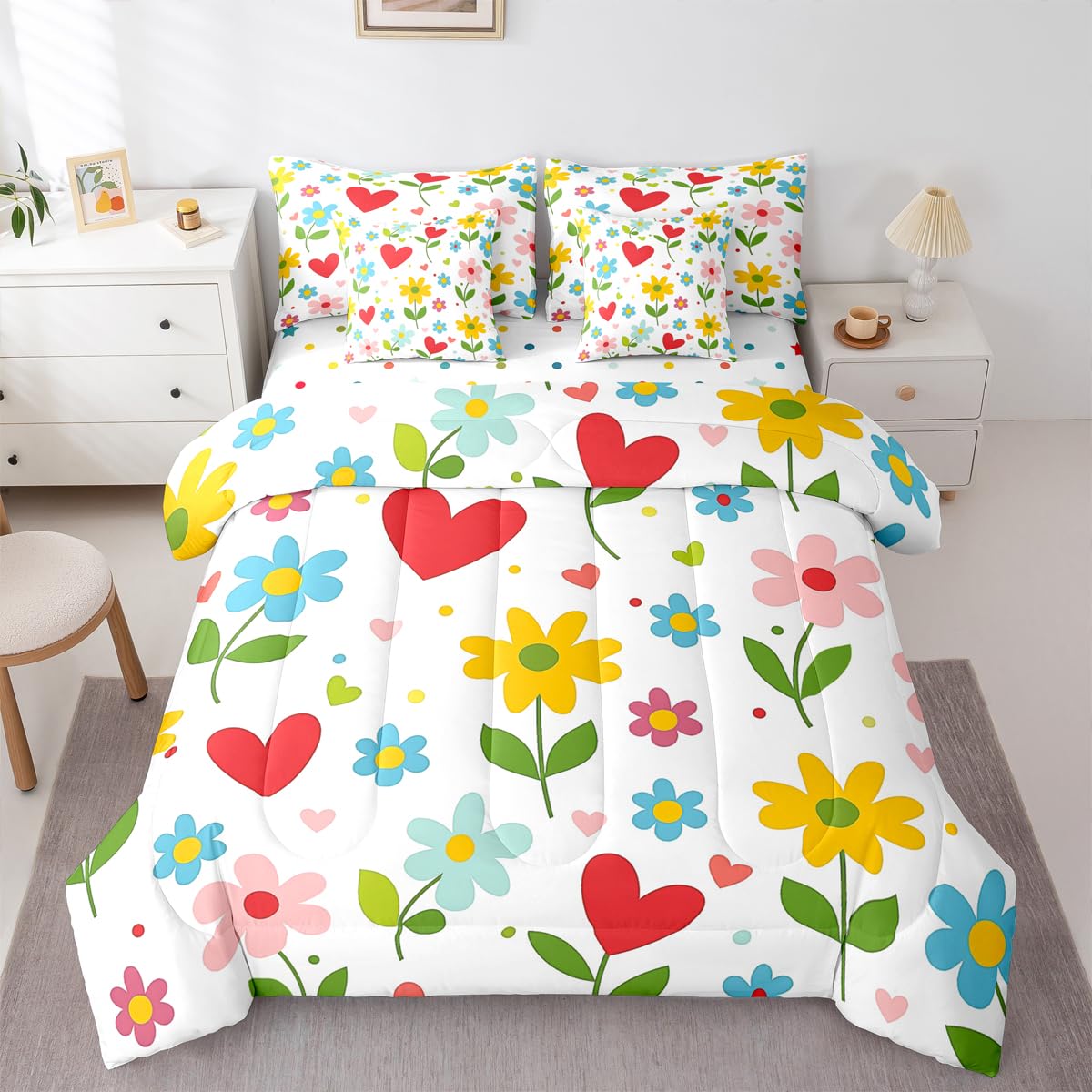 Feelyou Floral Queen Comforter Set with Sheets for Kids Boys Girls Cute 7 Pieces Bedding Set Farmhouse Garden Bed in a Bag Plant Room Decor Red Orange Soft Lightweight Microfiber