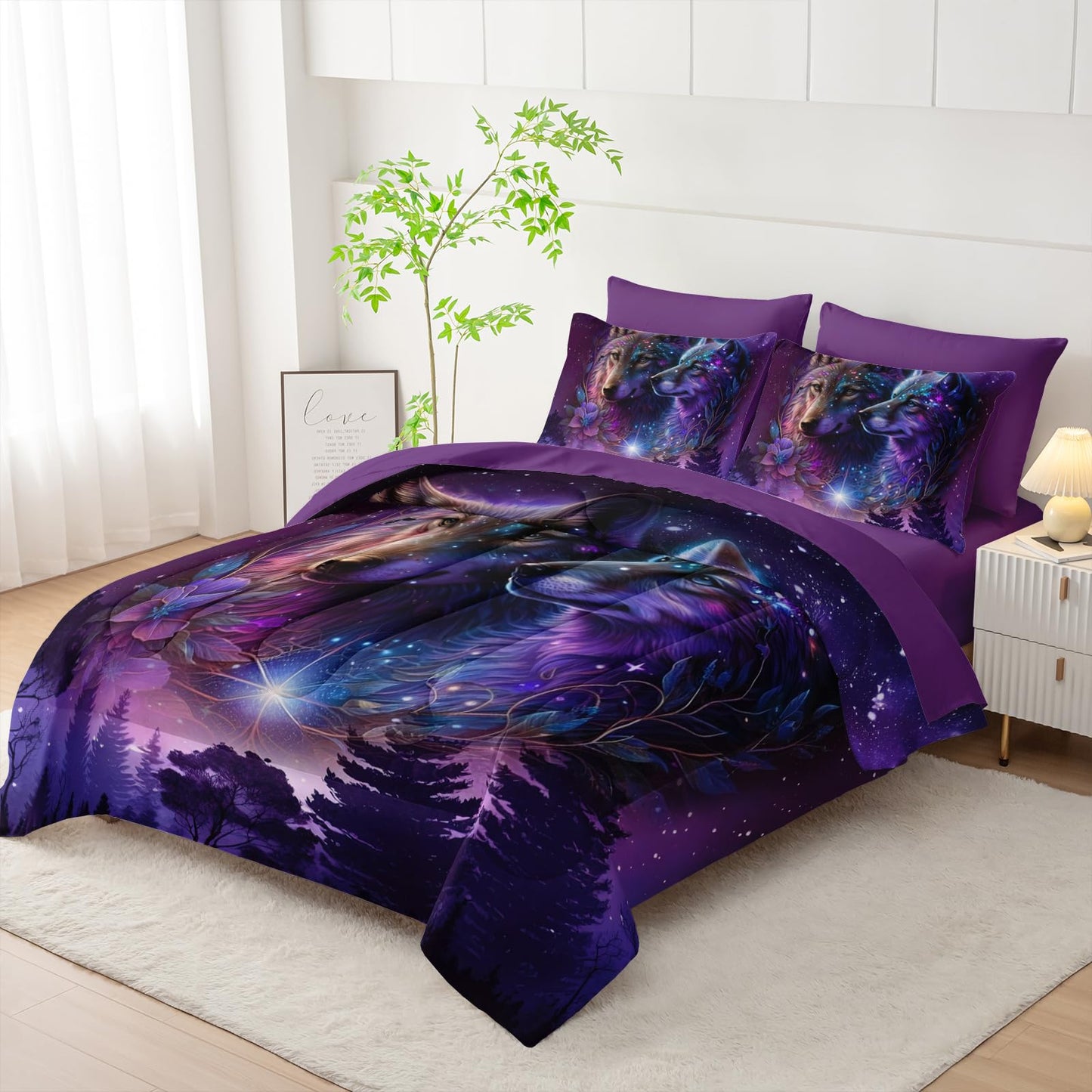 Tuzaovy Wolf Comforter Set 7 Piece Twin Size Bed in A Bag,Animal Bedding for Room Decor,Soft Purple Wolf Comforter Rose Bedding with Fitted Sheet,Flat Sheet, Pillowcases & Shams