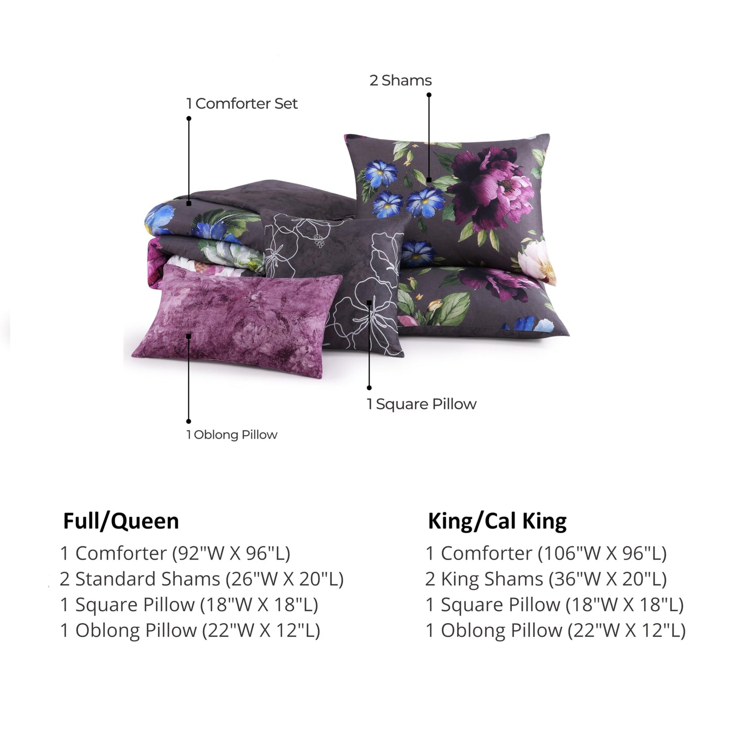 Bebejan Elegant Blossom 5 Piece Comforter Set, 100% Cotton Sateen, 200 Thread Count, Grey Reversible Bedding Comforter Set, 1 Comforter, 2 Shams & 2 Pillows (King/Cal King)