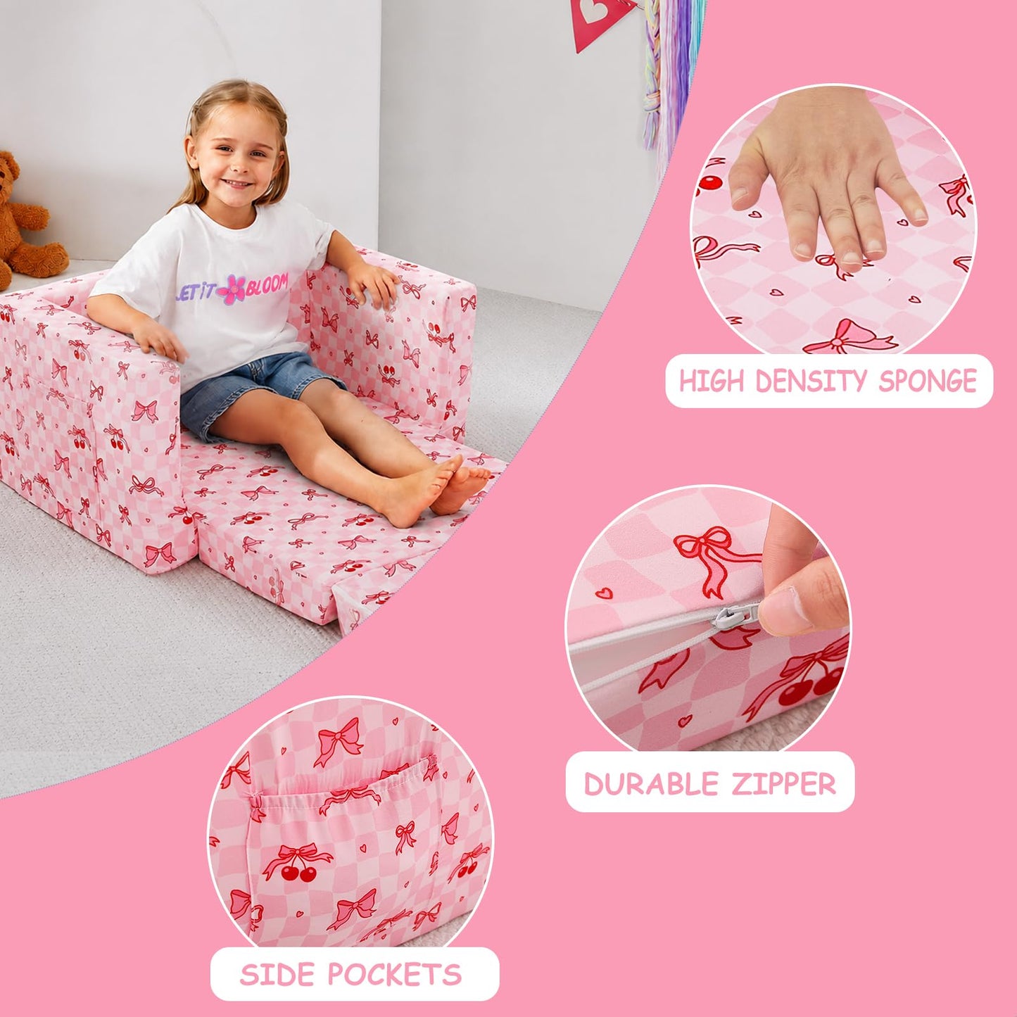 Viviland Toddler Chair, 2-in-1 Kids Couch Bed, Toddler Chairs Comfy 1-3 Years Old Fold Out Convertible Soft to Lounger, Pink Checkerboard Butterfly Bow and Cherry Baby Couch