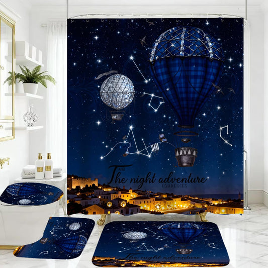 4 Piece Starry Night Shower Curtain Set with Rugs, Blue Hot Air Balloon Adventure Art Bathroom Decor, Waterproof Fabric Curtain with Non-Slip Bath Mats & Toilet Lid Cover, Romantic Night Sky Aesthetic