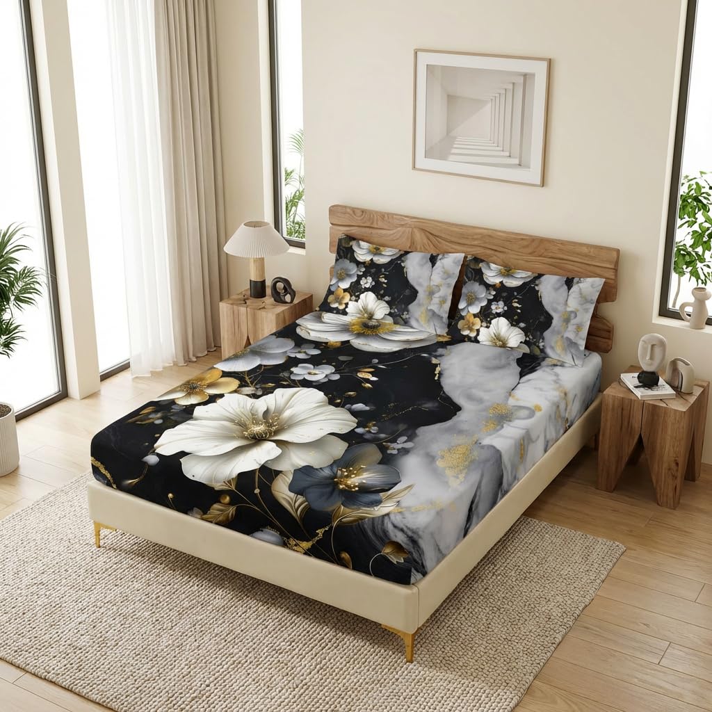 AILONEN Floral Fitted Sheet Set Queen Size, Blossom Marble Pattern Bedding Set for Kids Teens Adults,Black and White Bed Sheet Set,1 Fitted Sheet and 2 Pillowcases,3Pcs