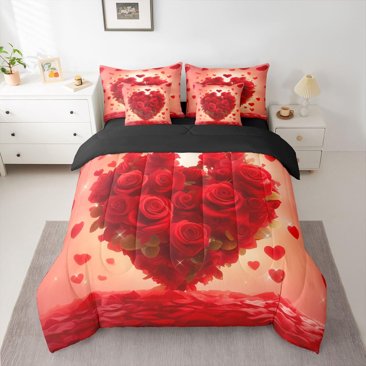 Erosebridal Romantic Red Roses Queen Bed in A Bag 7 Piece Valentine Day Comforter Set with Sheets Love Heart Pattern Rose Bedding Sets for Women Men Adults,Cute Love Heart Florals Bed Set