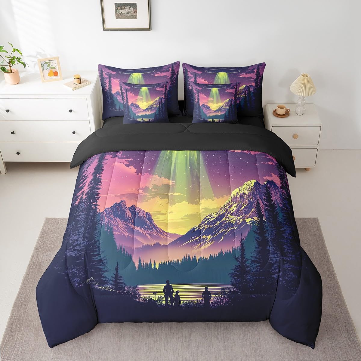 Feelyou Kids Galaxy 7 Pieces Bedding Set Queen Size, Outer Space Comforter Set with Sheets Boys Girls 3D Printed Space Bed in A Bag Space Outer Sky Teens Bed Set Bedroom Decor 7Pcs