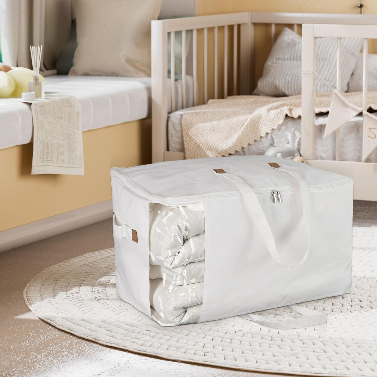 Heavy Duty Cotton Canvas Storage Bags For Comforter Blankets Clothes Extra Large Foldable Organizer with Clear Window & Reinforced Handles, Dustproof Design (White, 80L-3Pack)