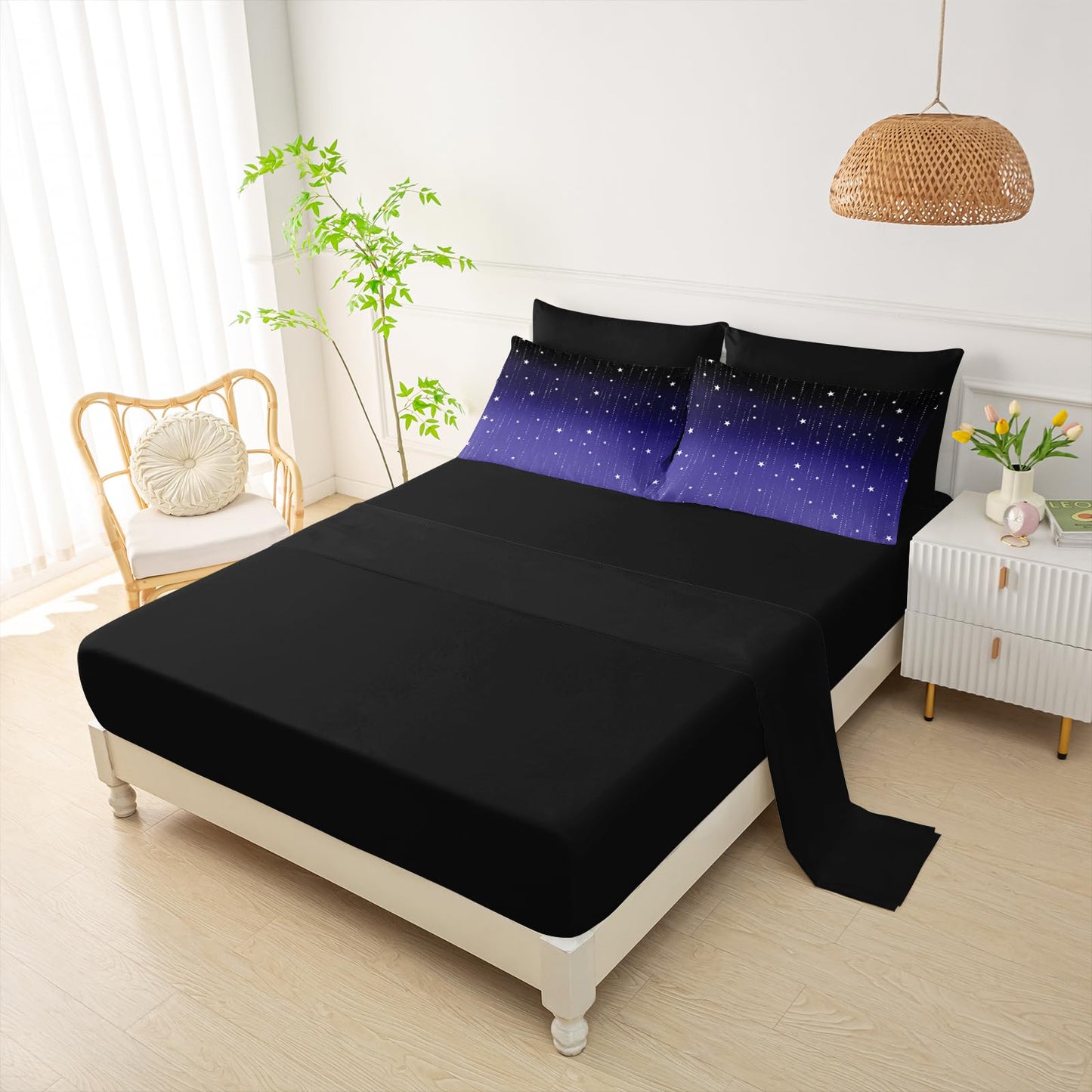 QOOMO Blue Galaxy 7 Pieces Comforter Set Queen Size,Starry Sky Bedding Set for Kids Teens Boys-Include 1 Comforter,1 Fitted Sheet,1 Flat Sheet,2 Printing Pillowcases and 2 Black Pillowcases