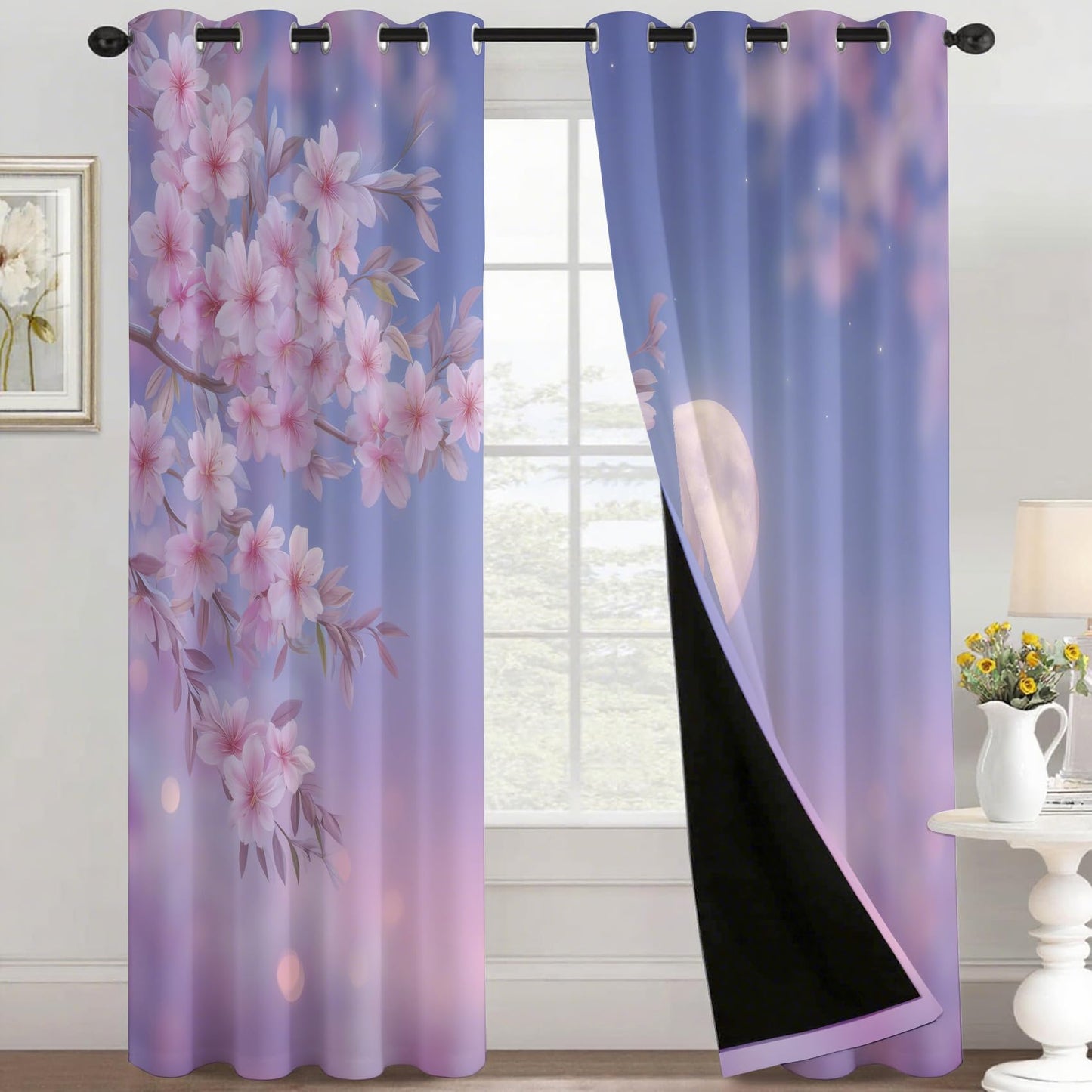 Cherry Blossom Curtains for Kitchen, Romantic Pink Floral Moon 39 Inch Blackout Curtains 2 Panels, Cherry Blossom Room Decor, Thermal Darkening Bedroom Window Drapes 27.5x39, Grommets G/640