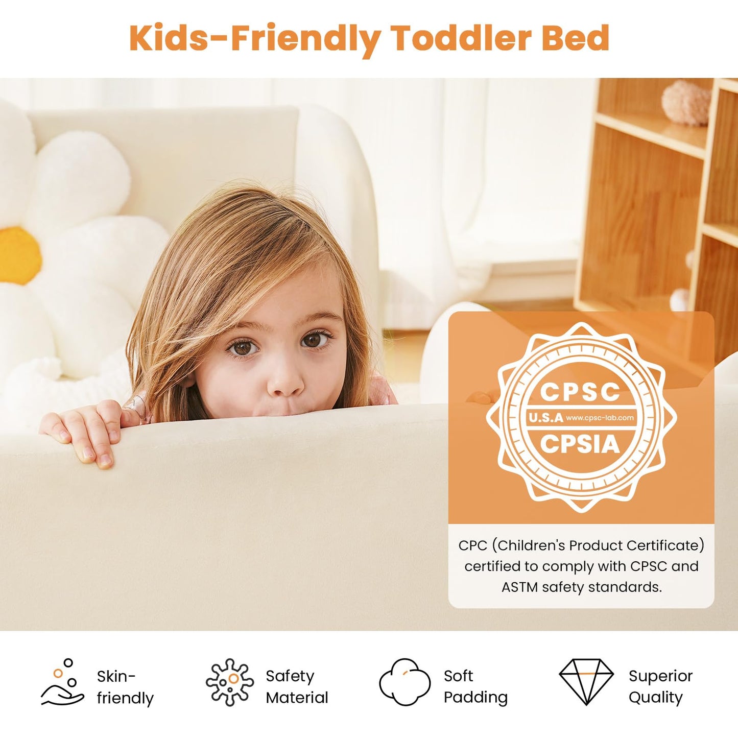 Meulbaty Toddler Bed, Toddler Floor Bed Frame with Wood Slats, Small Beds with Removable Safety Guardrails, Standard Crib Size Kids Bed for Girl and Boy, White