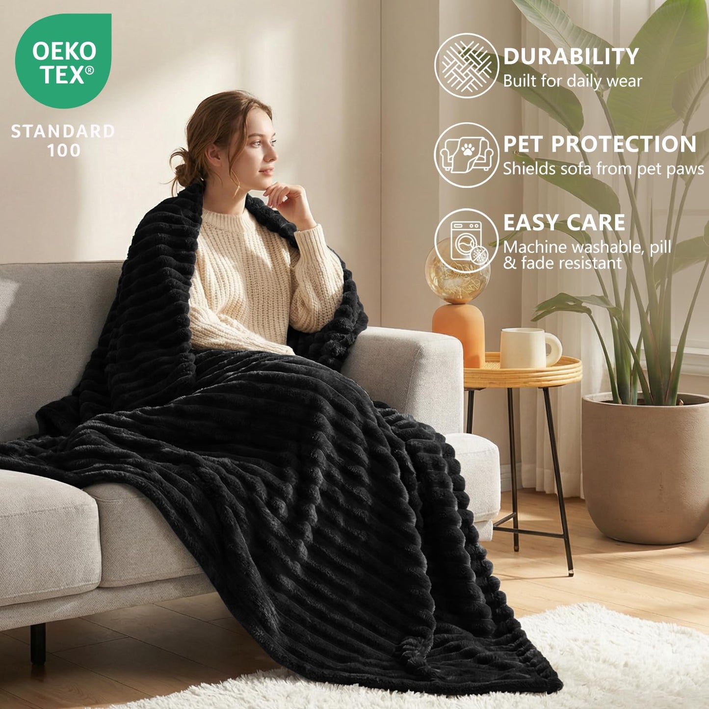 HIMEET Fleece Black Throw Blanket for Bed - 300GSM Ribbed Soft Cozy Dog Blanket for Couch, Graduation Birthday for Men Dad Women, College Dorm Essentials Room Throws, 50x60 Inches