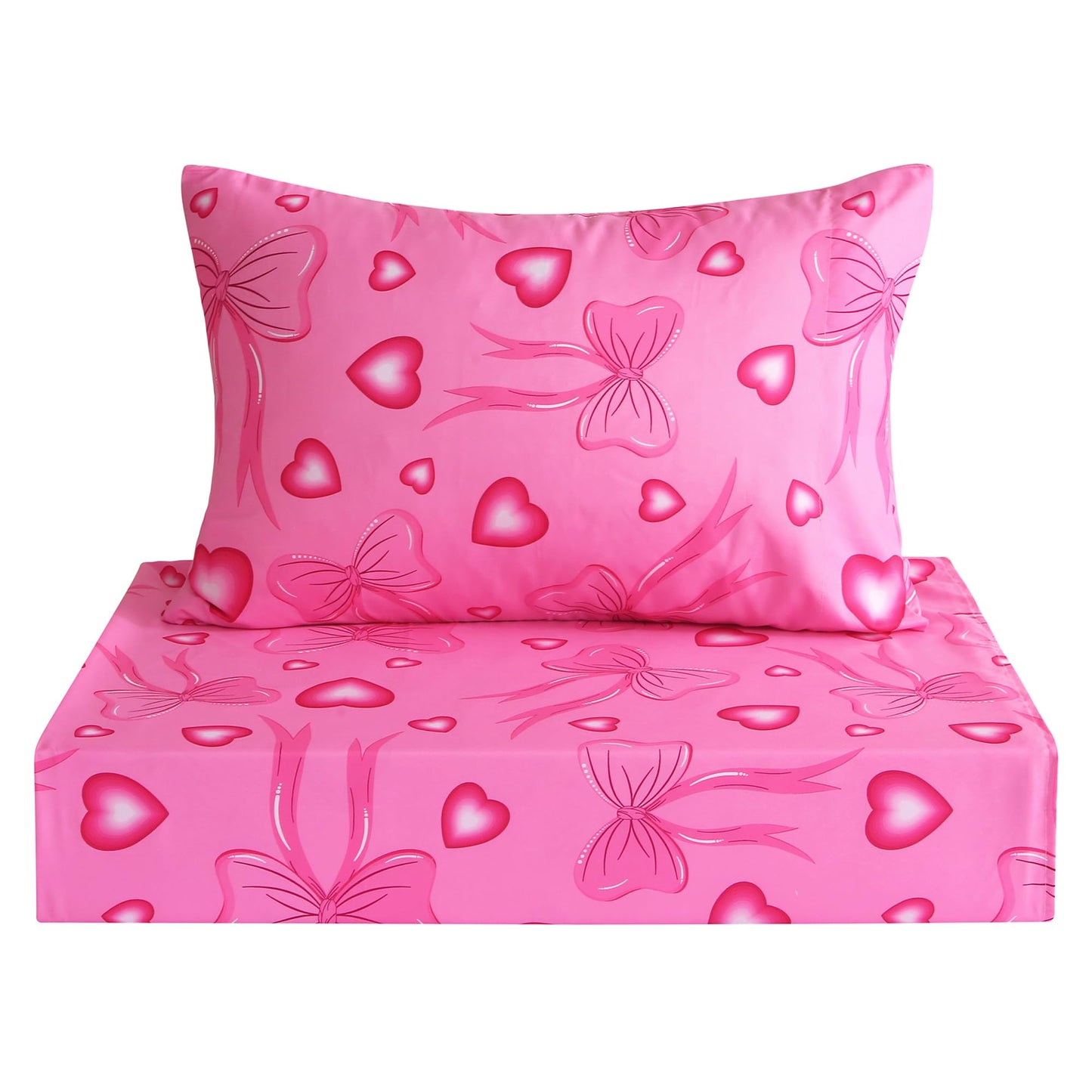 Softan Kids Twin Sheets Set, 3 Piece Heart Bow Bedding Set for Girls, Soft Breathable Microfiber with 15" Deep Pocket, Fitted Flat Sheet & Pillowcase