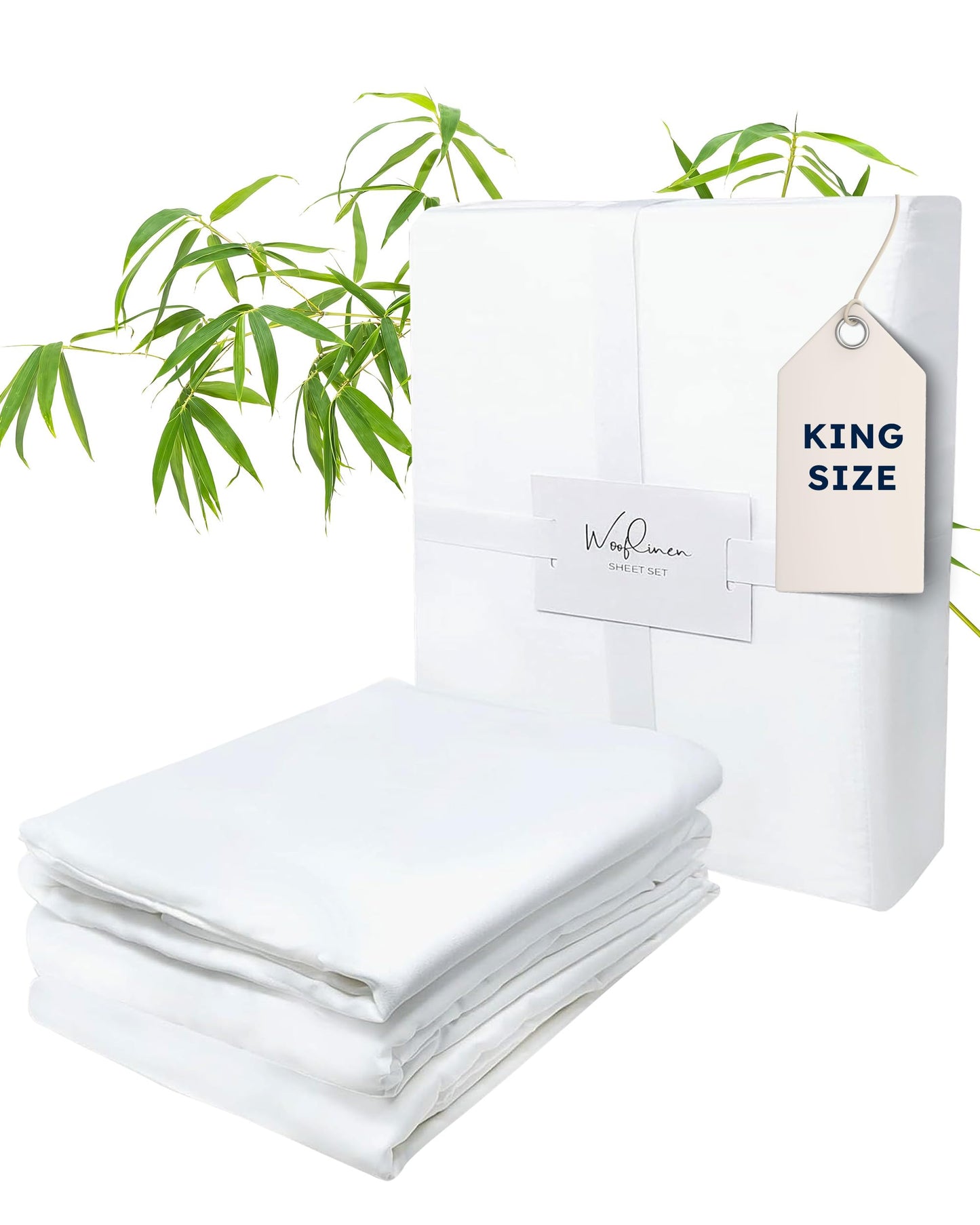 Wooflinen 100% Viscose Derived from Bamboo Sheets Set – Silky Soft Like Silk Bed Sheets – Matte White Bed Cover with Pillowcases – Cooling, Thick, Durable – King, 4 Pc Set